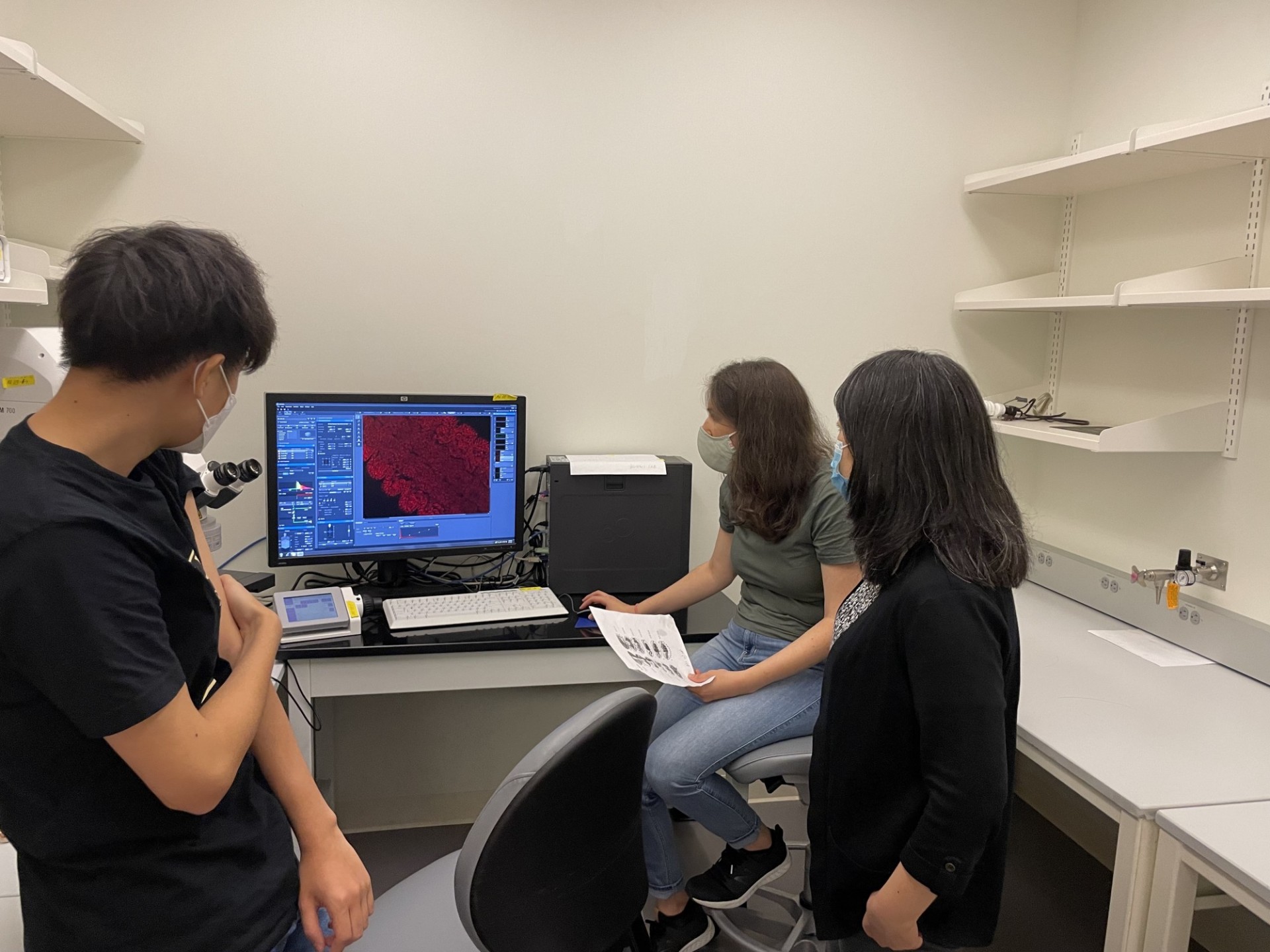 Minoree, Gillie, and Richard looking at a computer display showing a stained embryo.